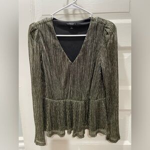 Women’s Gold Lame, Metallic Pleated, Peplum, Long Sleeve Top, Size Small